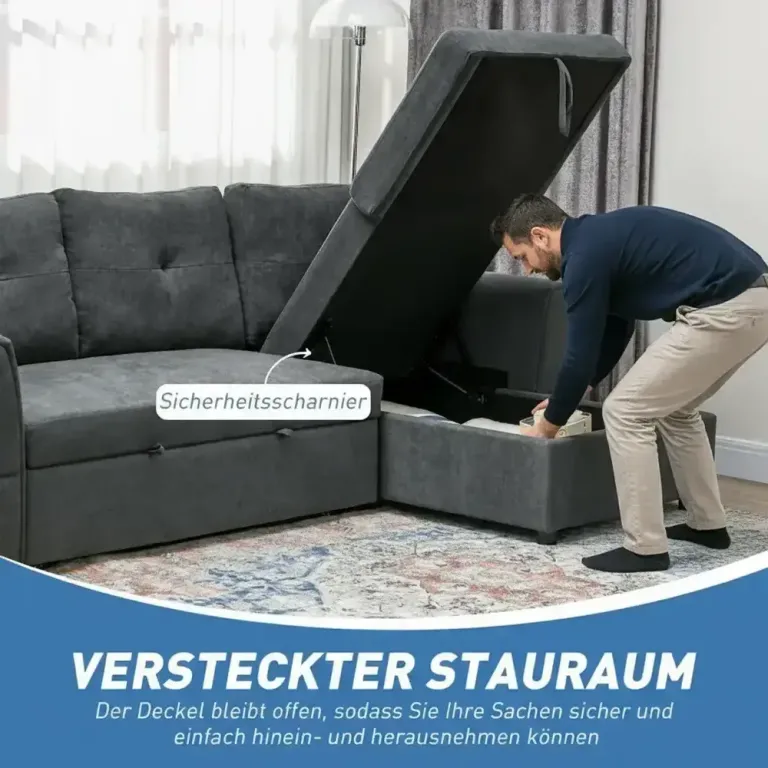 Bäddsoffa med Schäslong Stoppad Soffa 3-Sits Förvaring Mörkgrå