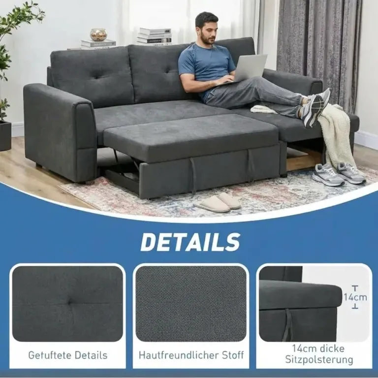 Bäddsoffa med Schäslong Stoppad Soffa 3-Sits Förvaring Mörkgrå