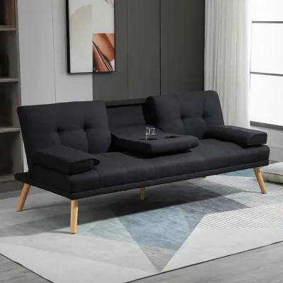 Bäddsoffa Soffa Stoppad med Bord och Mugghållare Grå 3-Sits Fällbart