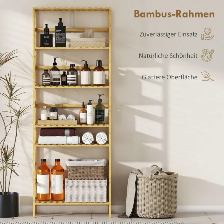 Badrumshylla 6 Plan Naturfärgad Bambu Förvaringshylla Bokhylla