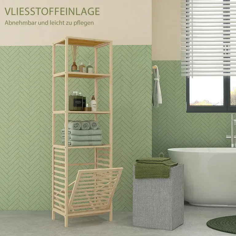 Badrumshylla med Tvättkorg 3 Hyllor, Natur Bambu Naturlig