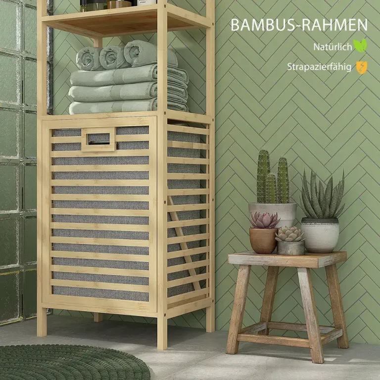 Badrumshylla med Tvättkorg 3 Hyllor, Natur Bambu Naturlig