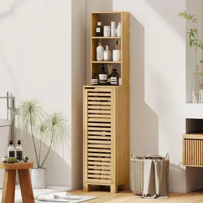 Badrumsskåp Högt Smalt Naturfärgad Bambu 34x30x170 cm