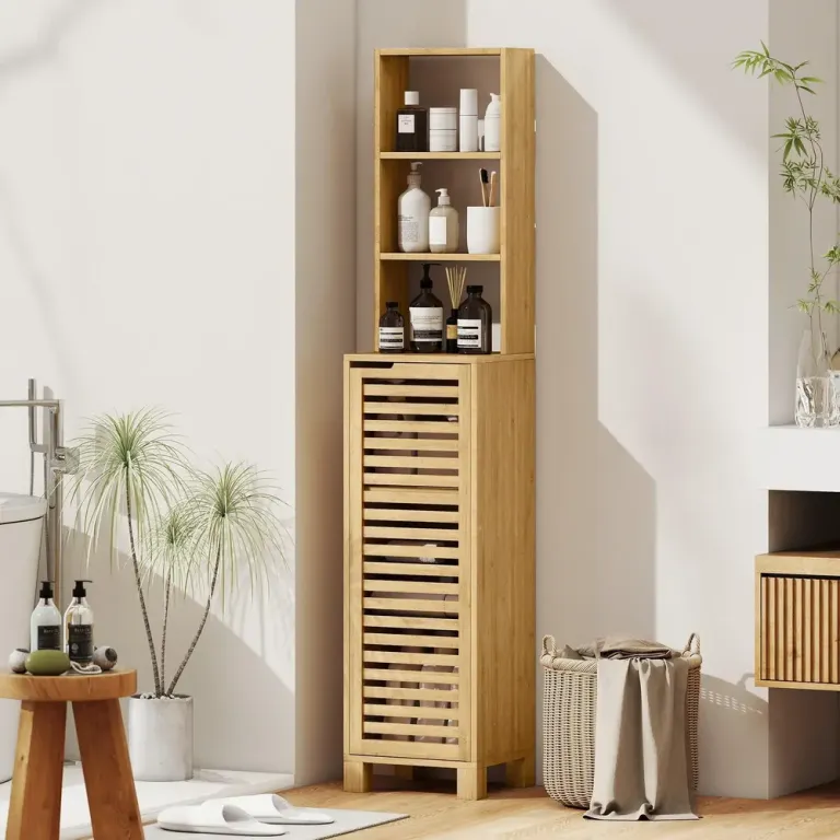Badrumsskåp Högt Smalt Naturfärgad Bambu Tunn Hyllor