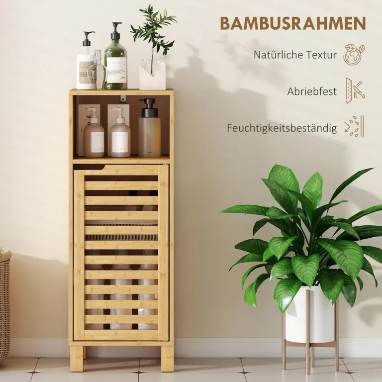 Badrumsskåp Öppen Hylla Skåp Bambu Trä Lamelldörr Ljusbrun