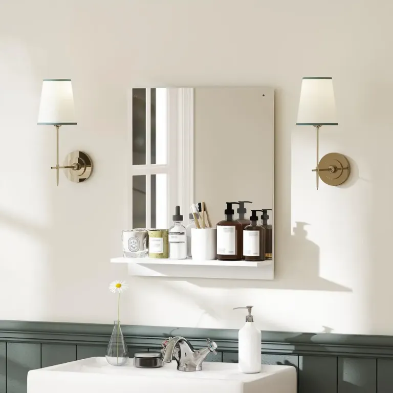 Badrumsspegel med Hylla Vit Glas och MDF