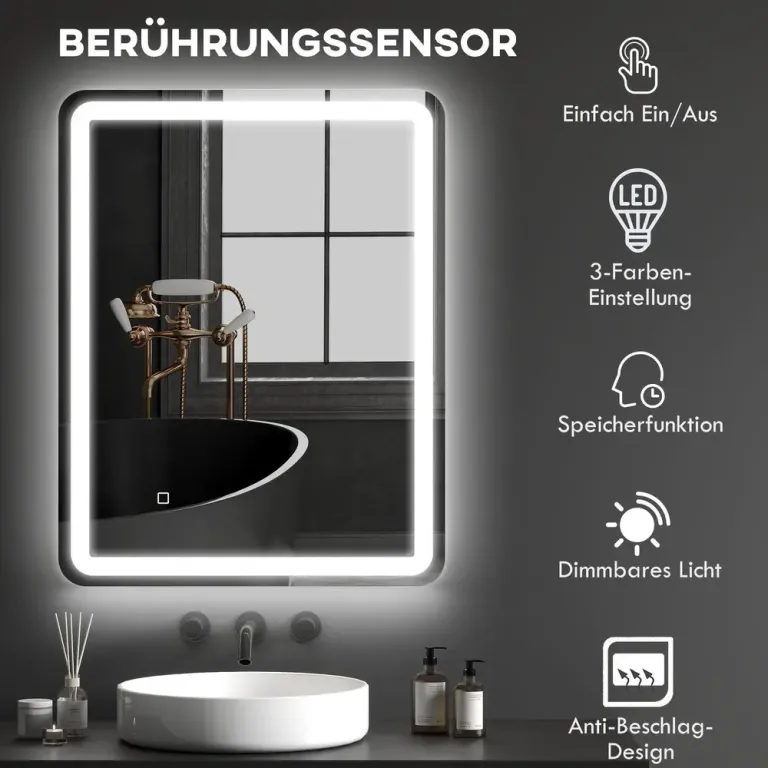 Badrumsspegel med LED-Belysning, Silver Touch Antifog Minnesfunktion