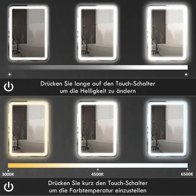 Badrumsspegel med LED-Belysning, Silver Touch Antifog Minnesfunktion