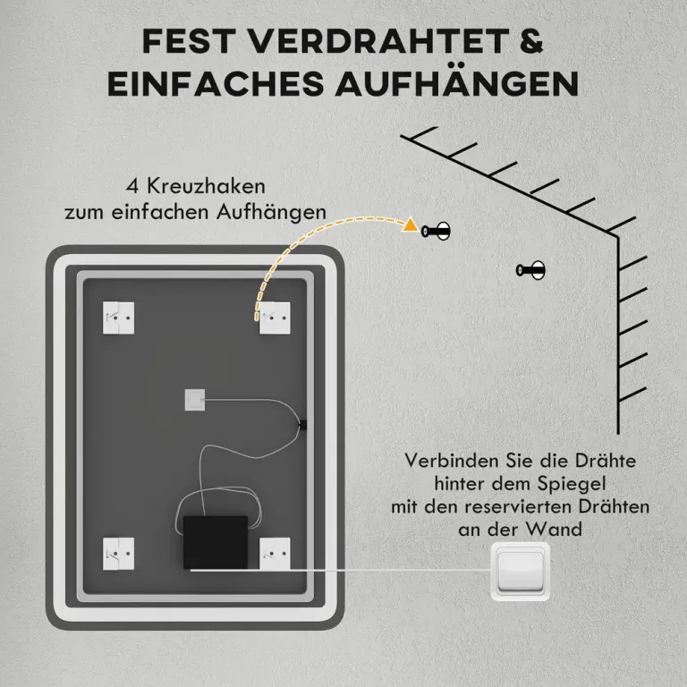 Badrumsspegel med LED-Belysning, Silver Touch Antifog Minnesfunktion