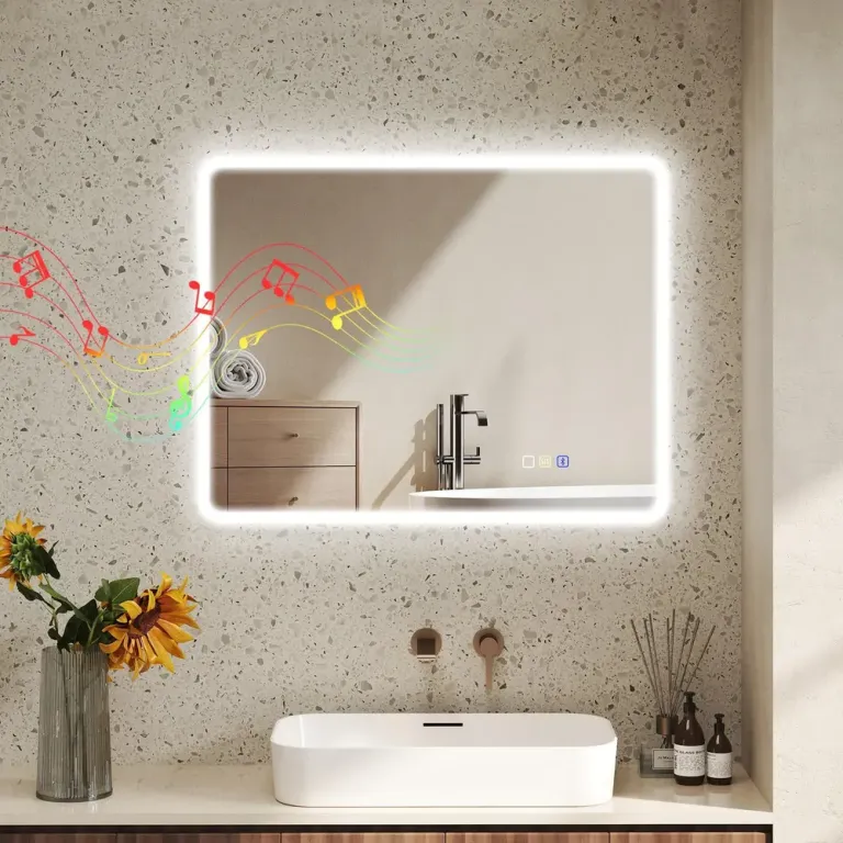 Badrumsspegel med LED och Bluetooth Samt, Silver Högtalare Anti