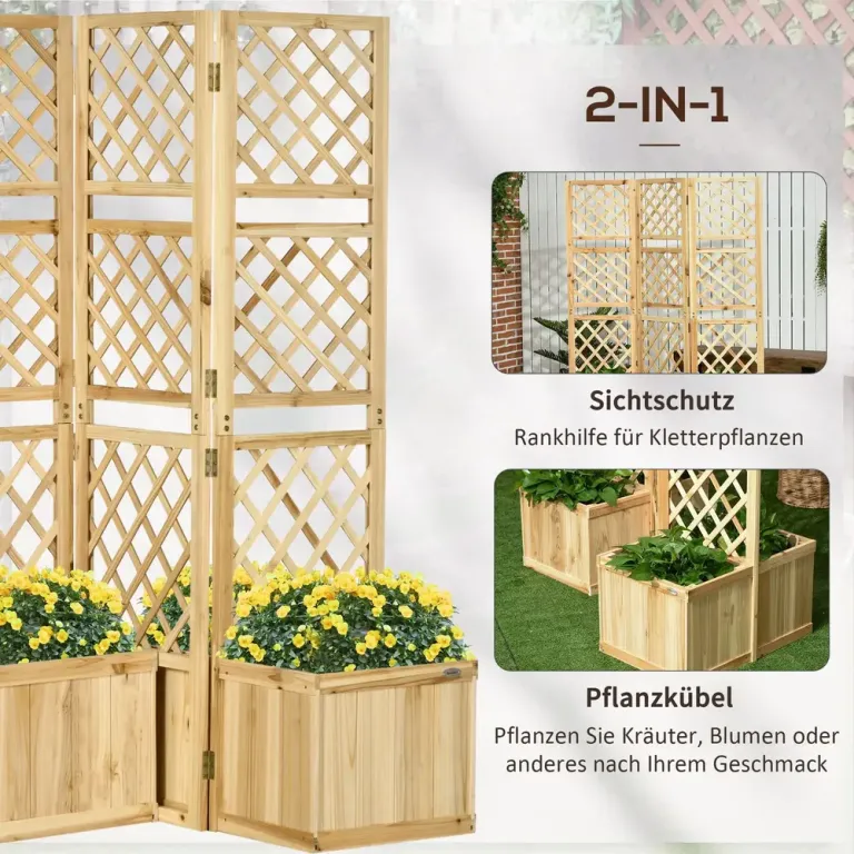 Vikbar Trädgårdsskärm med 4 Blomlådor Insynsskydd Naturträ