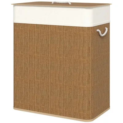 Bambu Tvättkorg med Lock 2 Fack 100 l med Rephandtag, Brun Avtagbar