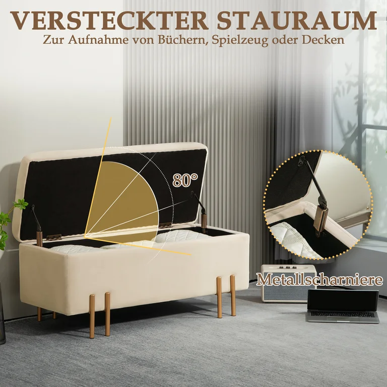 Bänk Förvaringsbänk Stoppad Pall Beige Förvaringsutrymme Sammet Guld
