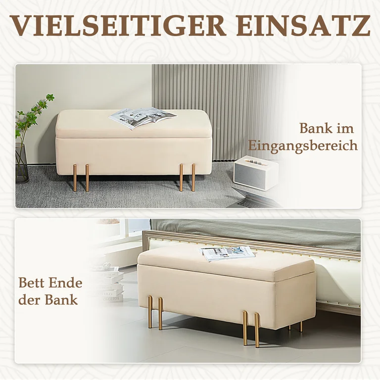 Bänk Förvaringsbänk Stoppad Pall Beige Förvaringsutrymme Sammet Guld