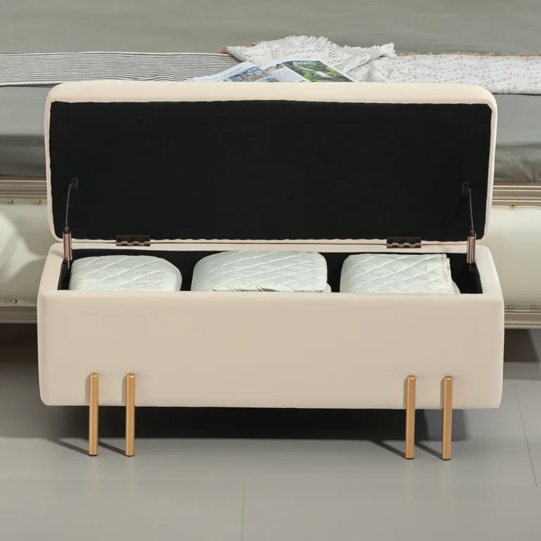 Bänk Förvaringsbänk Stoppad Pall Beige Förvaringsutrymme Sammet Guld
