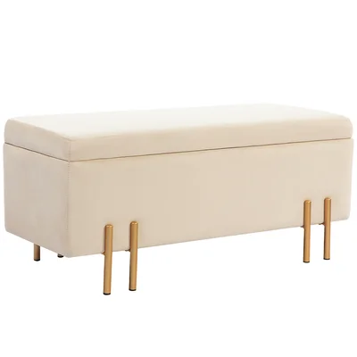 Bänk Förvaringsbänk Stoppad Pall Beige Förvaringsutrymme Sammet Guld