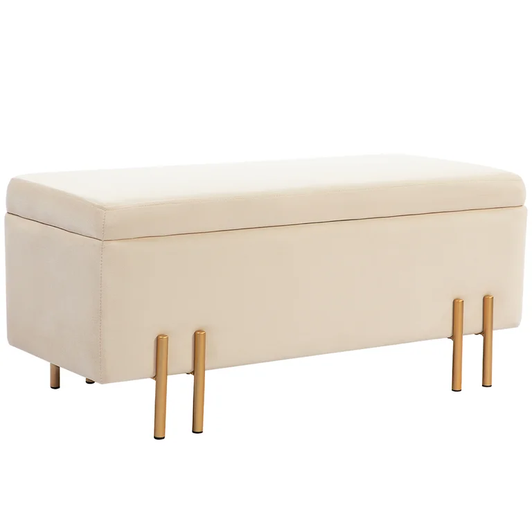 Bänk Förvaringsbänk Stoppad Pall Beige Förvaringsutrymme Sammet Guld