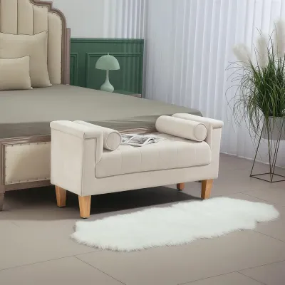 Bänk Sängbänk med Chenilleöverdrag Beige Vintage Design Stoppad