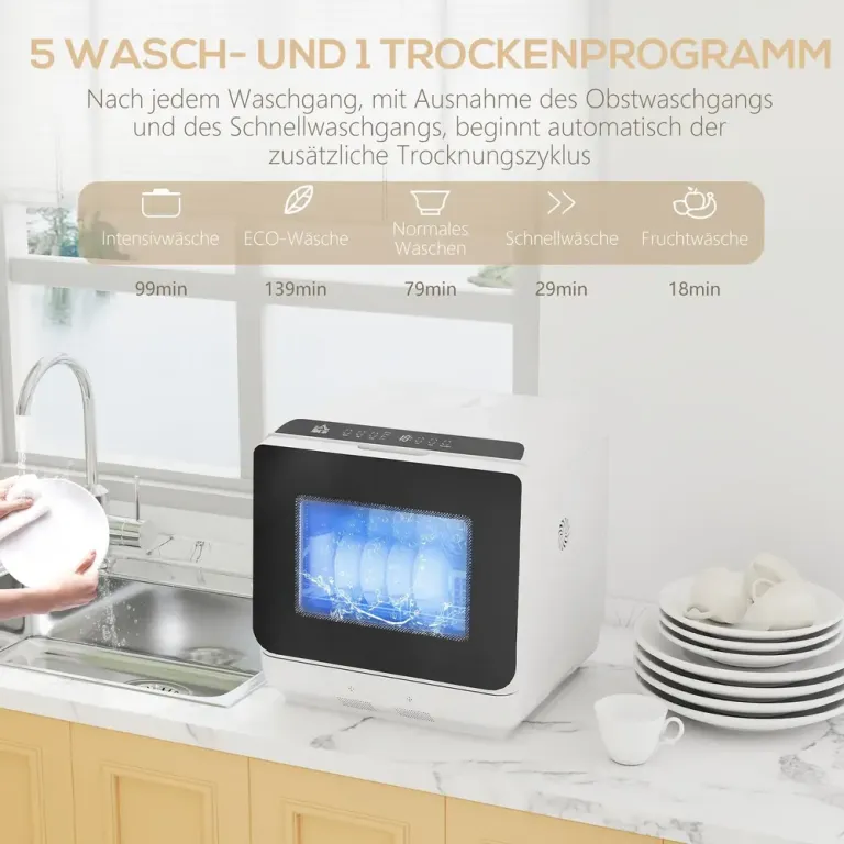 Bänkdiskmaskin 6-Liters Tank 5 Program LED-Display, Vit Kompakt