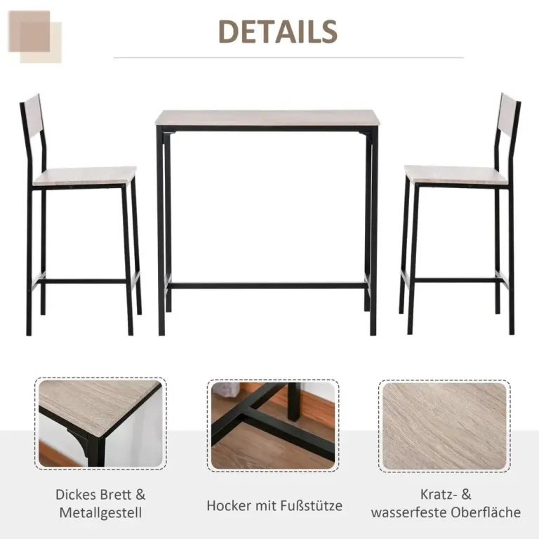 Barbord 2 Stolar 3-Delat Bordsset MDF Barstolar Industriell Stil