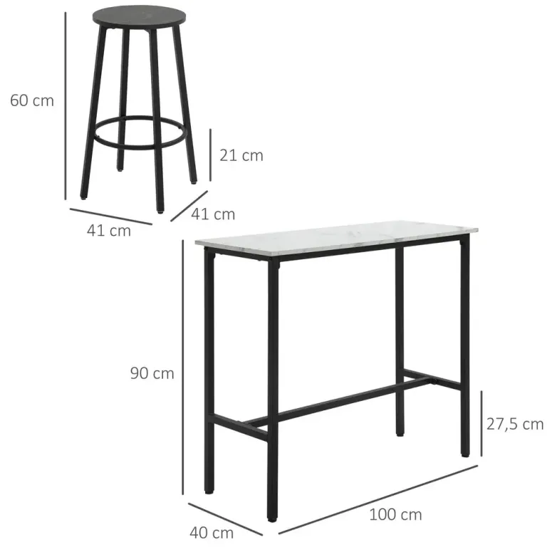 Barbordsset med 1 Bord och 2 Barstolar i Stål och MDF, Vit Barset