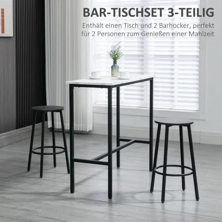 Barbordsset med 1 Bord och 2 Barstolar i Stål och MDF, Vit Barset