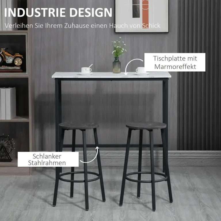 Barbordsset med 1 Bord och 2 Barstolar i Stål och MDF, Vit Barset