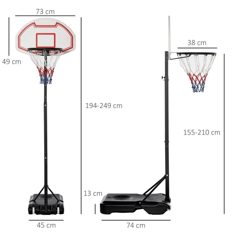 Portabelt Basketställ för Barn Justerbart 194–249 cm, Svart Hjulbas