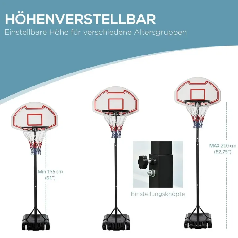 Portabelt Basketställ för Barn Justerbart 194–249 cm, Svart Hjulbas
