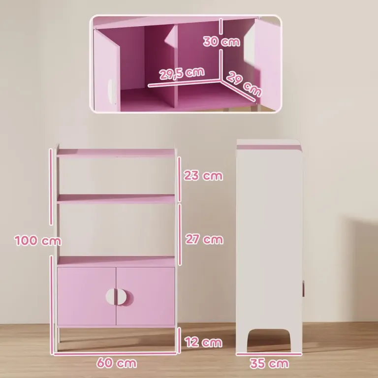 Barnbokhylla 2 Hyllor 2 Skåp med Tippskydd Rosa
