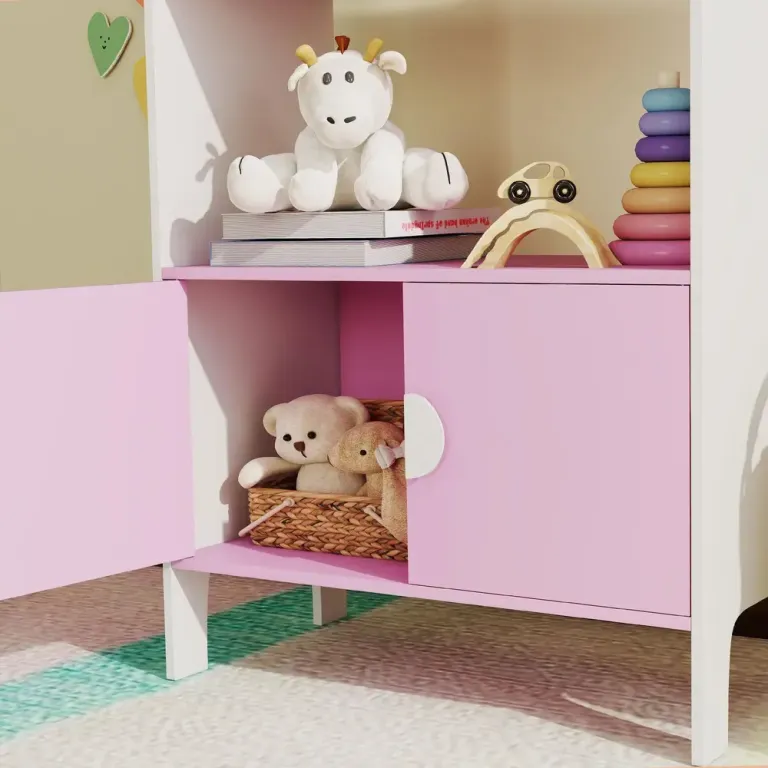 Barnbokhylla 2 Hyllor 2 Skåp med Tippskydd Rosa