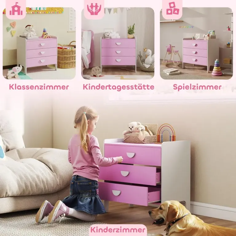 Barnbyrå 3 Lådor i MDF Förvaringsskåp för Barn Rosa Barnvänlig