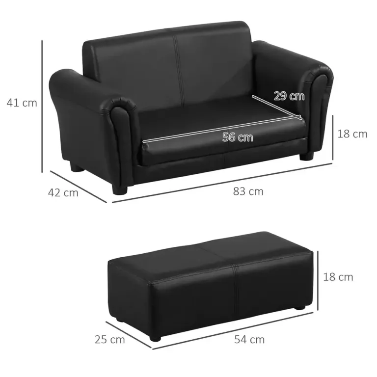 Barnfåtölj med Fotpall och Minisoffa 83 x 42 cm, Svart