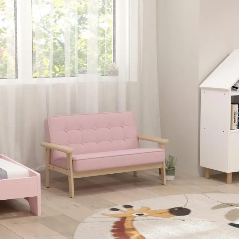 Barnfåtölj Sammet Rosa Trä och Tyg för Barnrum Mjuk Barnsoffa Träram