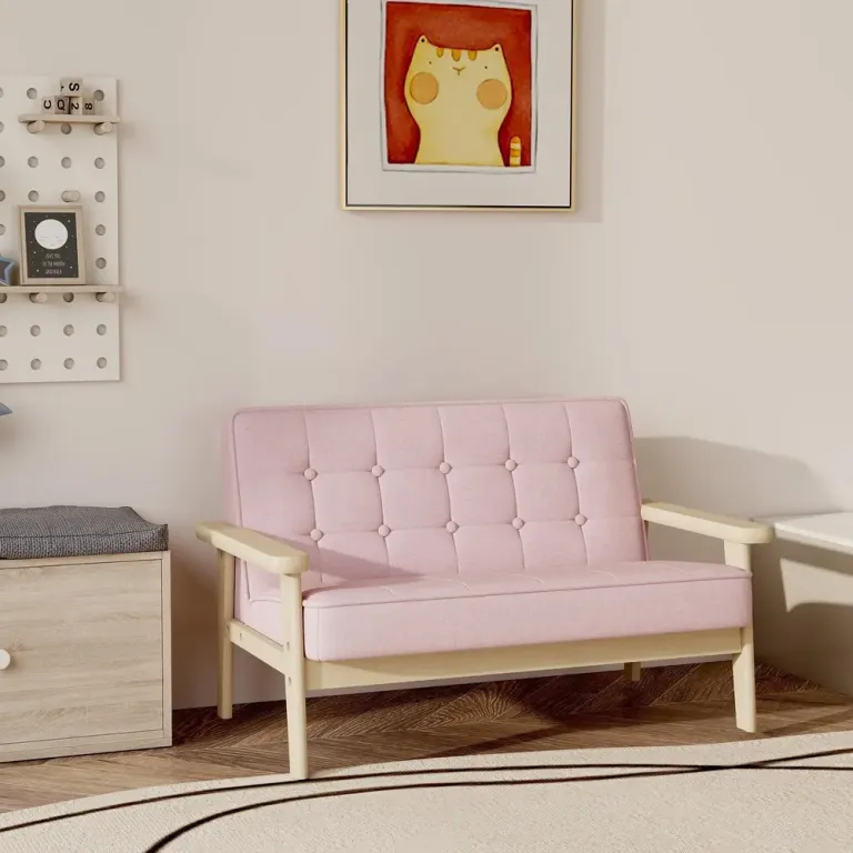 Barnfåtölj Sammet Rosa Trä och Tyg för Barnrum Mjuk Barnsoffa Träram