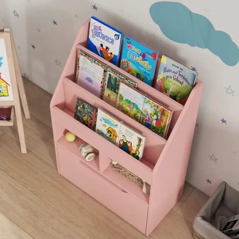 Barnhylla med Låda Bokhylla med Fack Rosa Barnbokhylla Förvaring