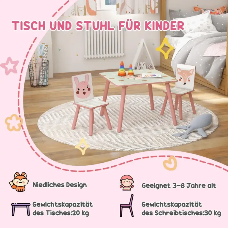 Barnmöbelgrupp Bord 2 Stolar Rosa Furuträ för Barnrum Sittgrupp