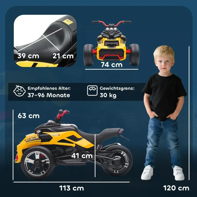 Elektrisk Trehjuling för Barn 12 v, Gul Elektriskt Quad Ljus
