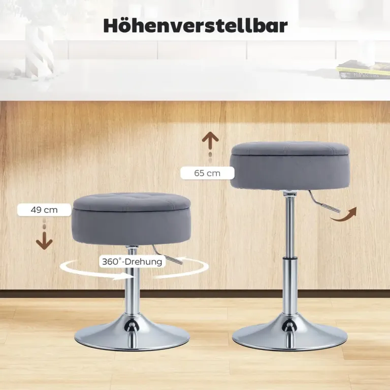 Barstol med Förvaring Grå Sammet och Metall Roterbar 65 cm Sänkbar