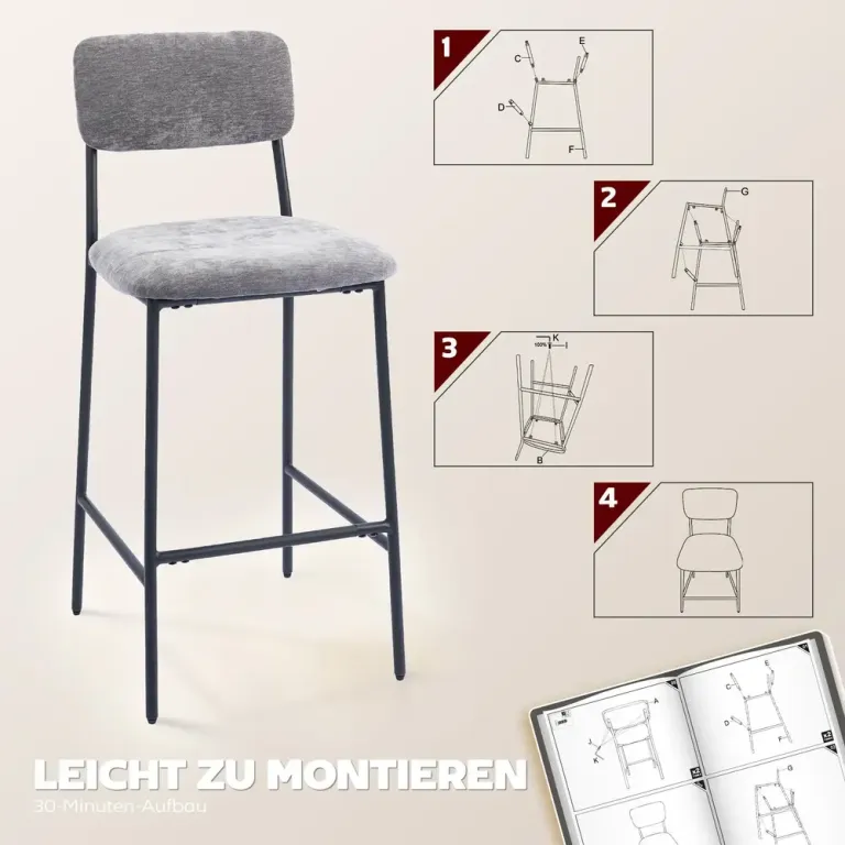 Barstolar 2-Pack Grå Tyg och Stål för Köksö och Bar Ryggstöd Fotstöd