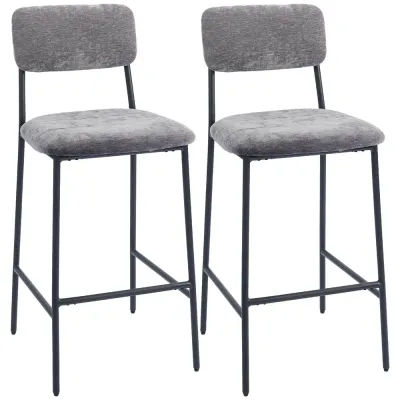 Barstolar 2-Pack Grå Tyg och Stål för Köksö och Bar Ryggstöd Fotstöd
