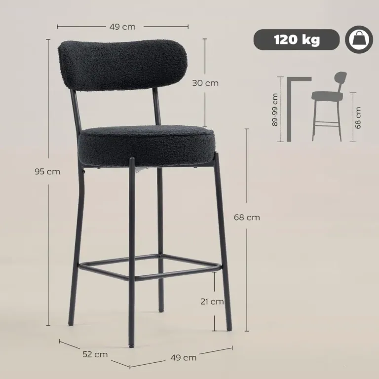 Barstolar 2-Pack med Fotstöd Svart Fleece och Metall Teddy Rund Sits