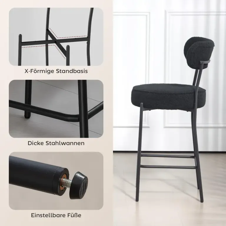 Barstolar 2-Pack med Fotstöd Svart Fleece och Metall Teddy Rund Sits