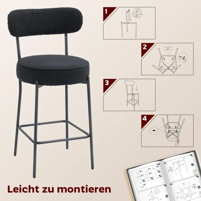 Barstolar 2-Pack med Fotstöd Svart Fleece och Metall Teddy Rund Sits