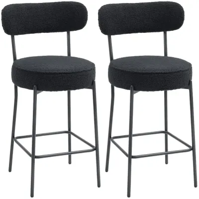 Barstolar 2-Pack med Fotstöd Svart Fleece och Metall Teddy Rund Sits