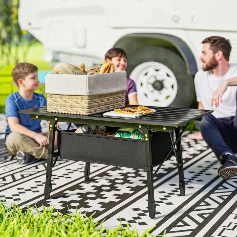 Campingbord Fällbord med Förvaringskorg Svart av Aluminium