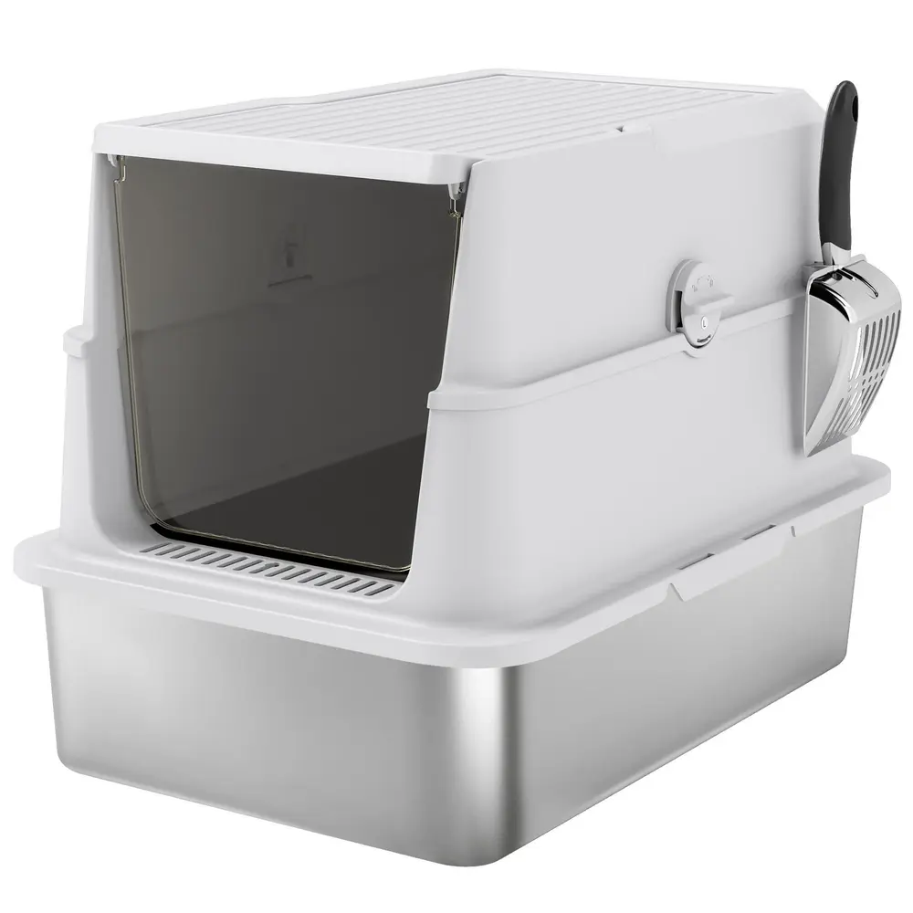 Kattsandlåda XL i Rostfritt Stål med Skopa Ljusgrå
