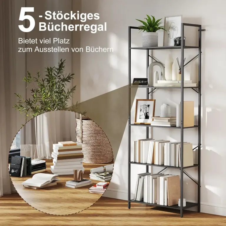 Bokhylla 5 Plan Svart Spånskiva och Metall Industriell Design