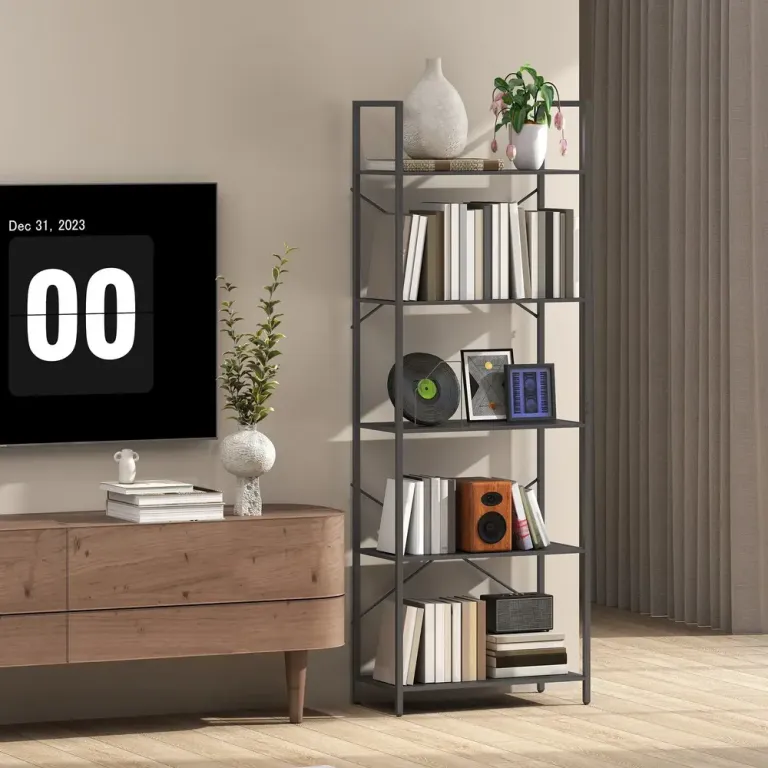 Bokhylla 5 Plan Svart Spånskiva och Metall Industriell Design