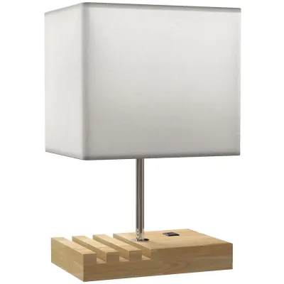 Bordslampa med USB-Uttag Vit Trä och Tyg och Nattduksbord Portar